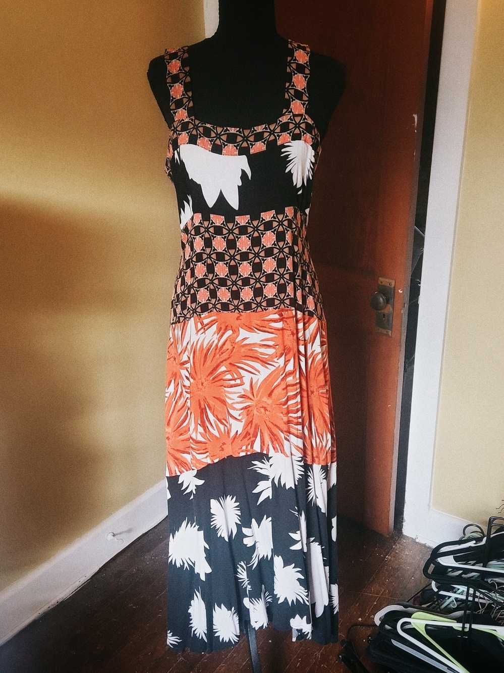 MSK Orange, Black & White Floral Maxi Dress